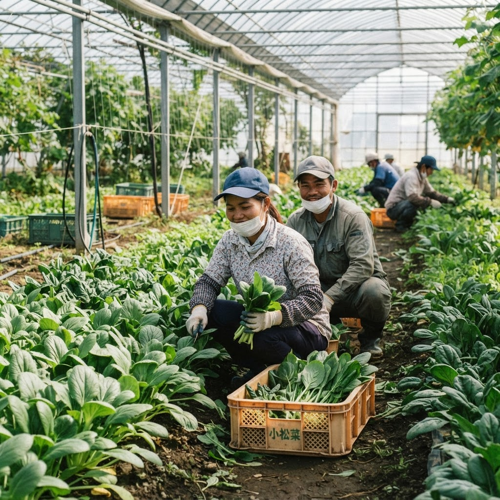 温室で野菜を収穫する農業分野の外国人材